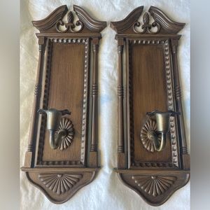 Vintage Burwood Products Company candle sconces. Faux wood candle wall hanging.